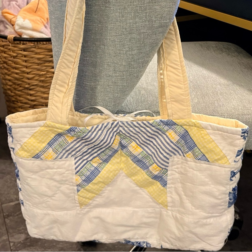 Patchwork Quilted Tote Bag - Yellow and Blue